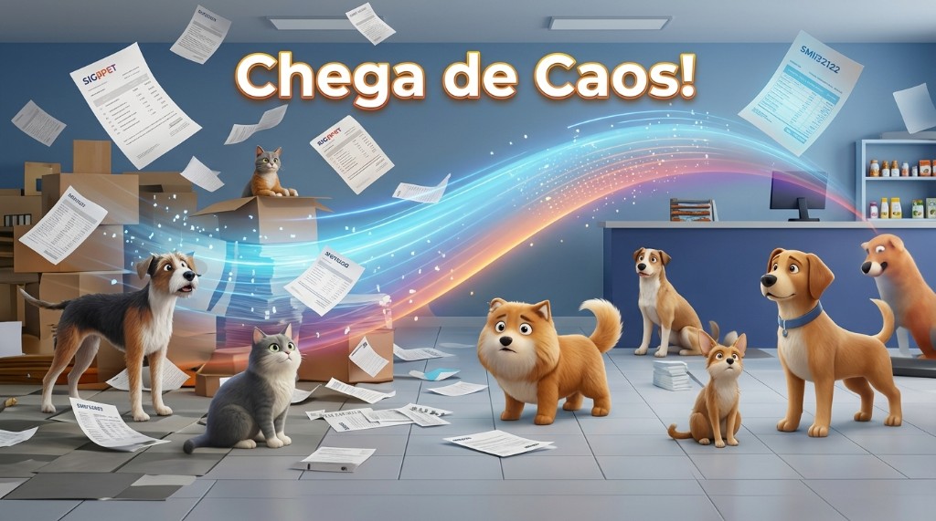 Ilustração SigPet — do caos de papéis e caixas à operação pet organizada no sistema