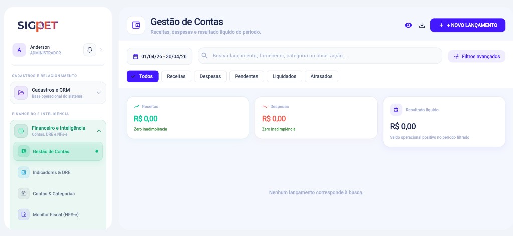 SigPet — gestão de contas com resumo e lançamentos do período