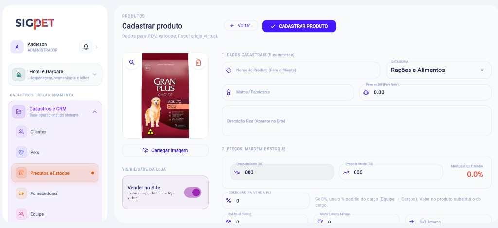 SigPet — cadastro de produto com imagem, preços, estoque e venda no site